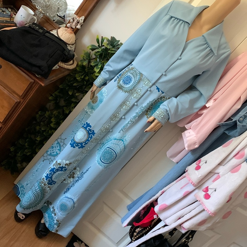 Alfred Shaheen vintage 70s blue maxi dress L
